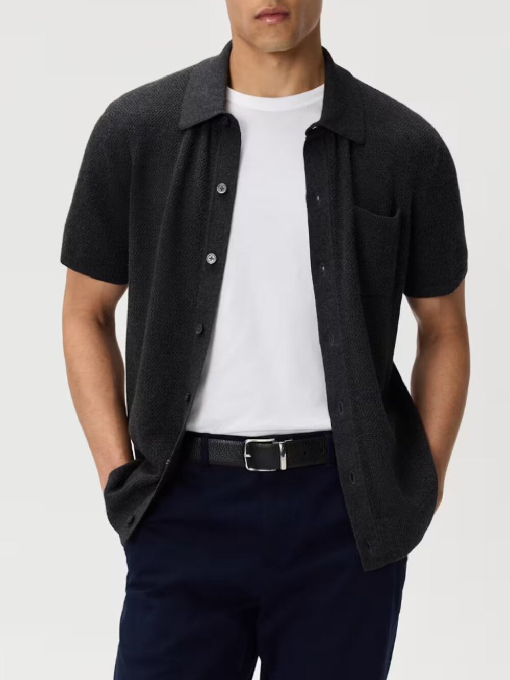 Quince 100% Organic Cotton Mesh-Stitch Button-Up Sweater Polo Charcoal Grandpa
